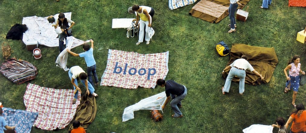 Dettaglio dall'alto di un prato con teli stesi e persone, con un telo Bloop